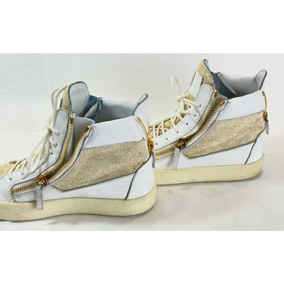Giusseppi Zanotti Hightop Sneakers Womens 40 10 White Leather Gold Studded Boot - Picture 3 of 16